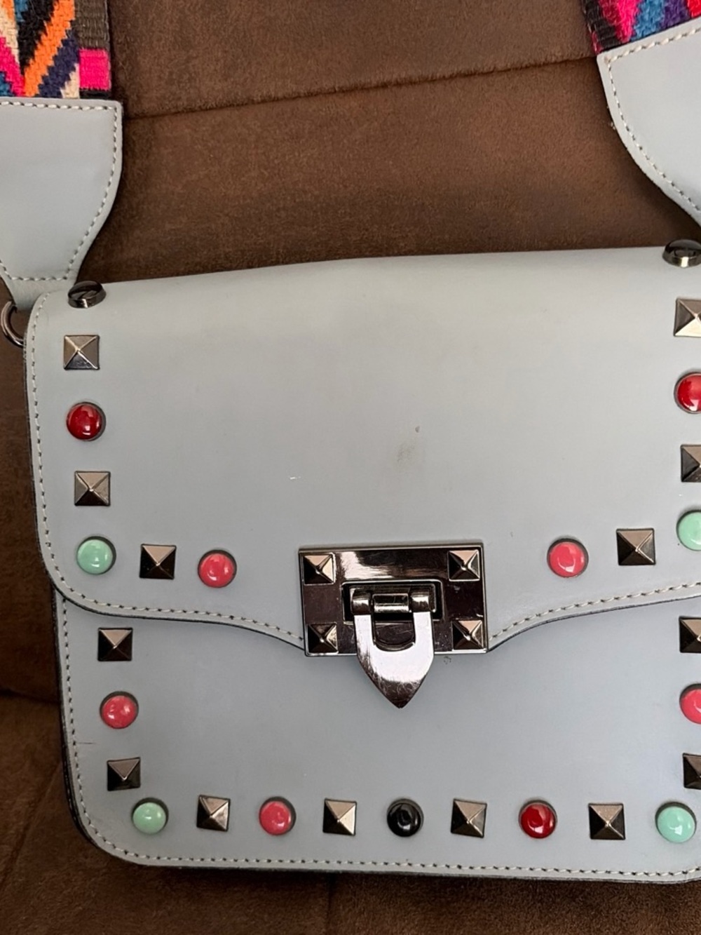 Light Blue Studded Crossbody Bag with Colorful Accents